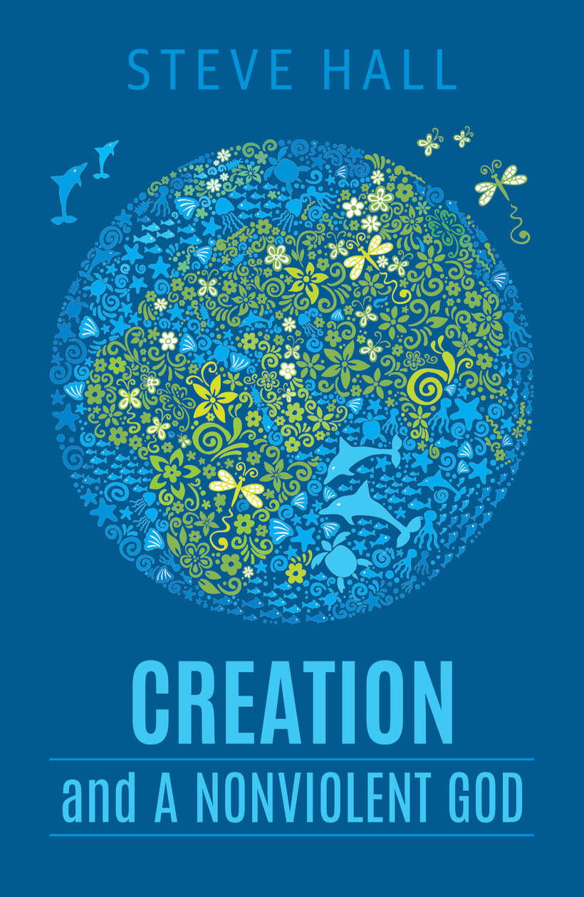 Creation and A Nonviolent God by Steve Hall Small green plants and butterflies form the earth's land mass, while blue sea creatures form the sea