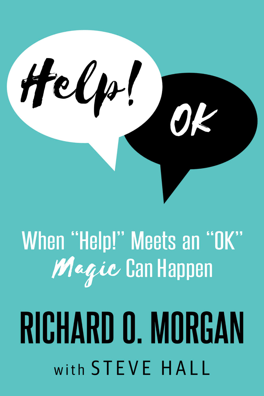 A white speech bubble says "Help!" while a black speech bubble responds with "OK"