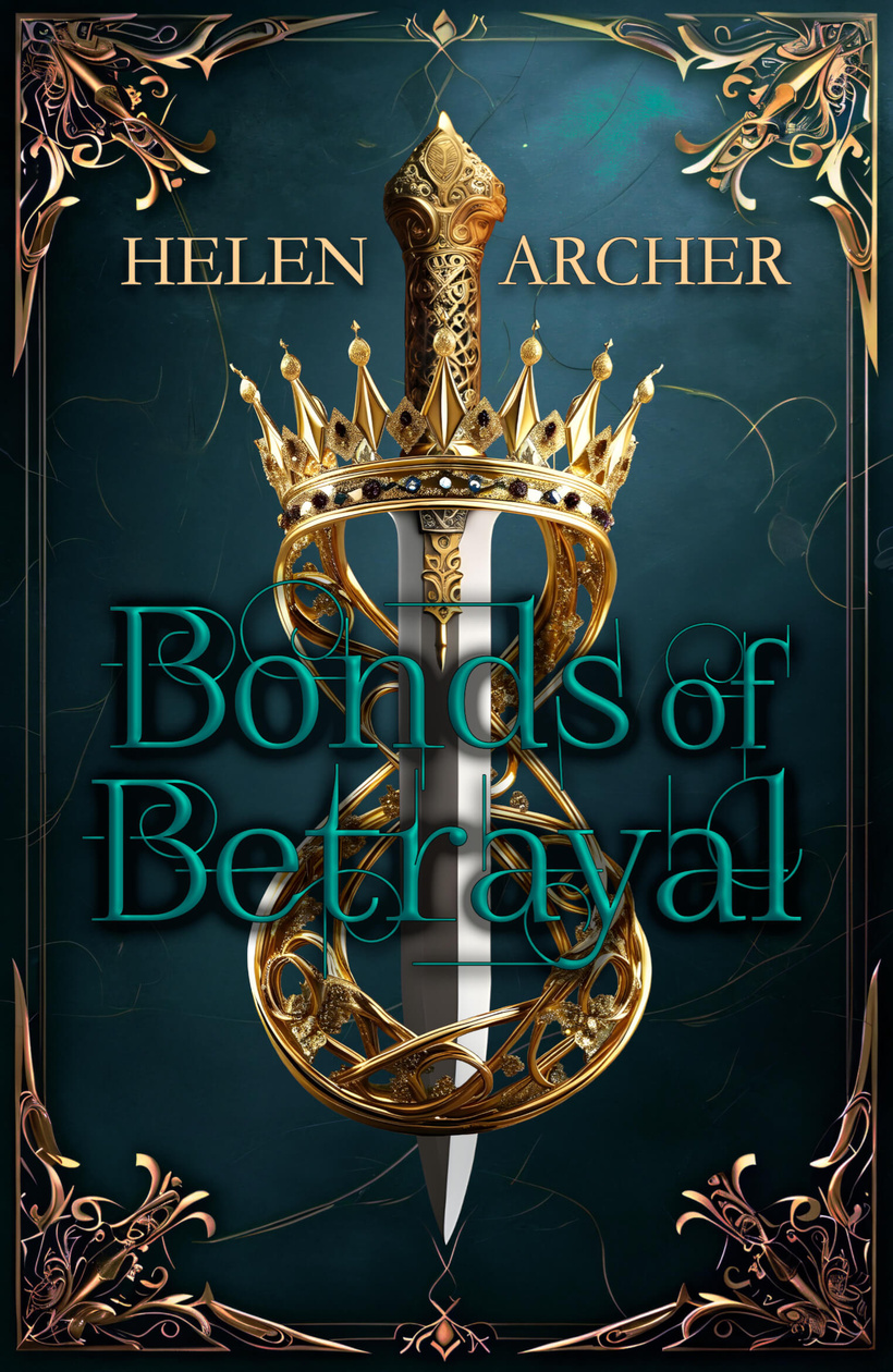 A queen's bejewelled, gold crown is twisted into a figure-of-eight with an ornate dagger sitting inside it